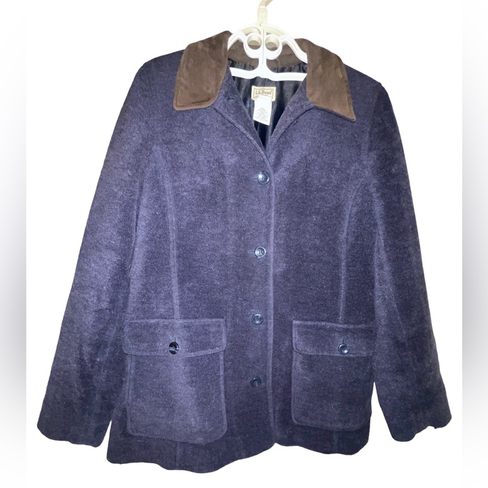 LL Bean Wool Blend Coat Jacket Women’s Medium Navy Blue Brown Collar Button Up
